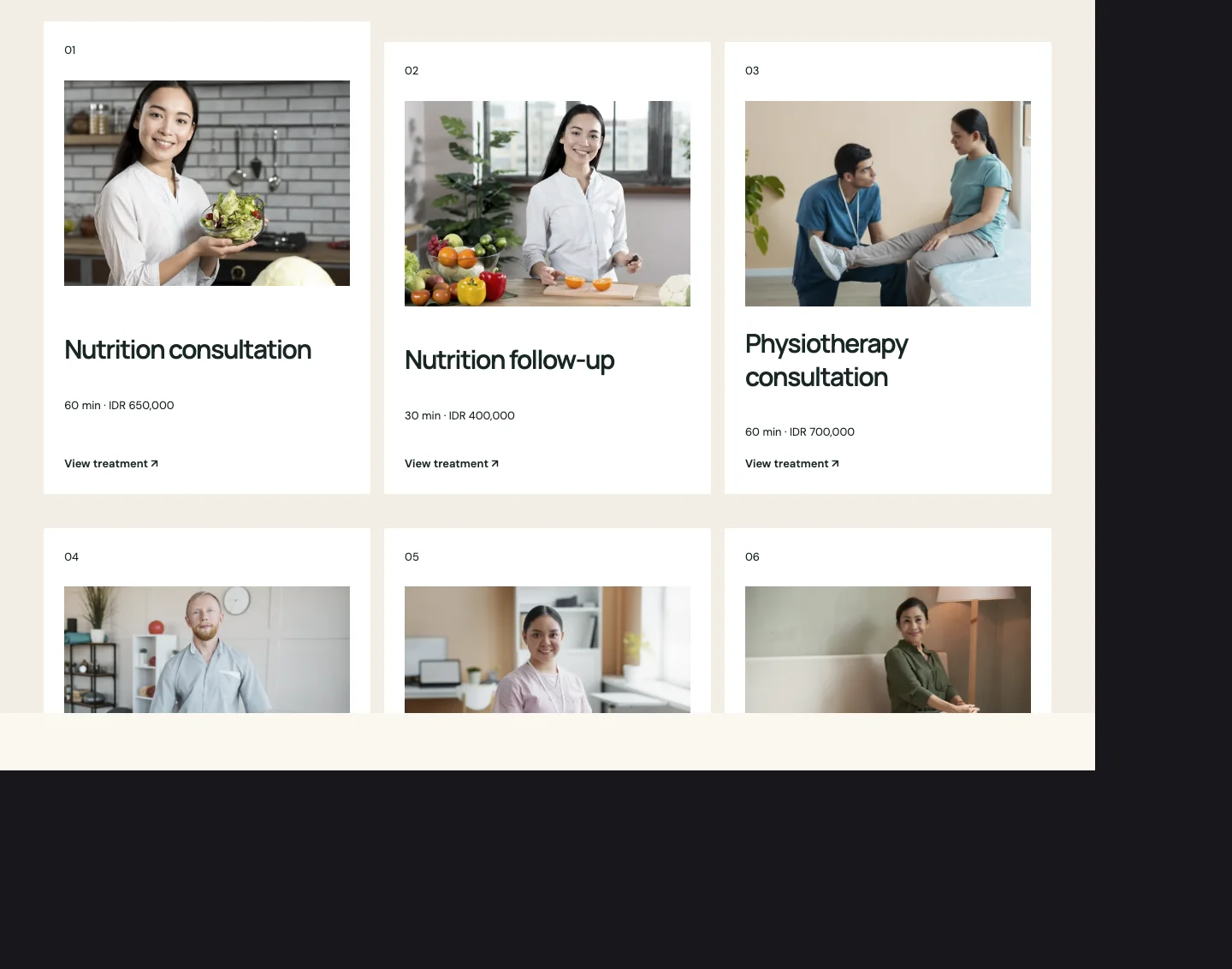 Nourish healthcare website with service listings and booking