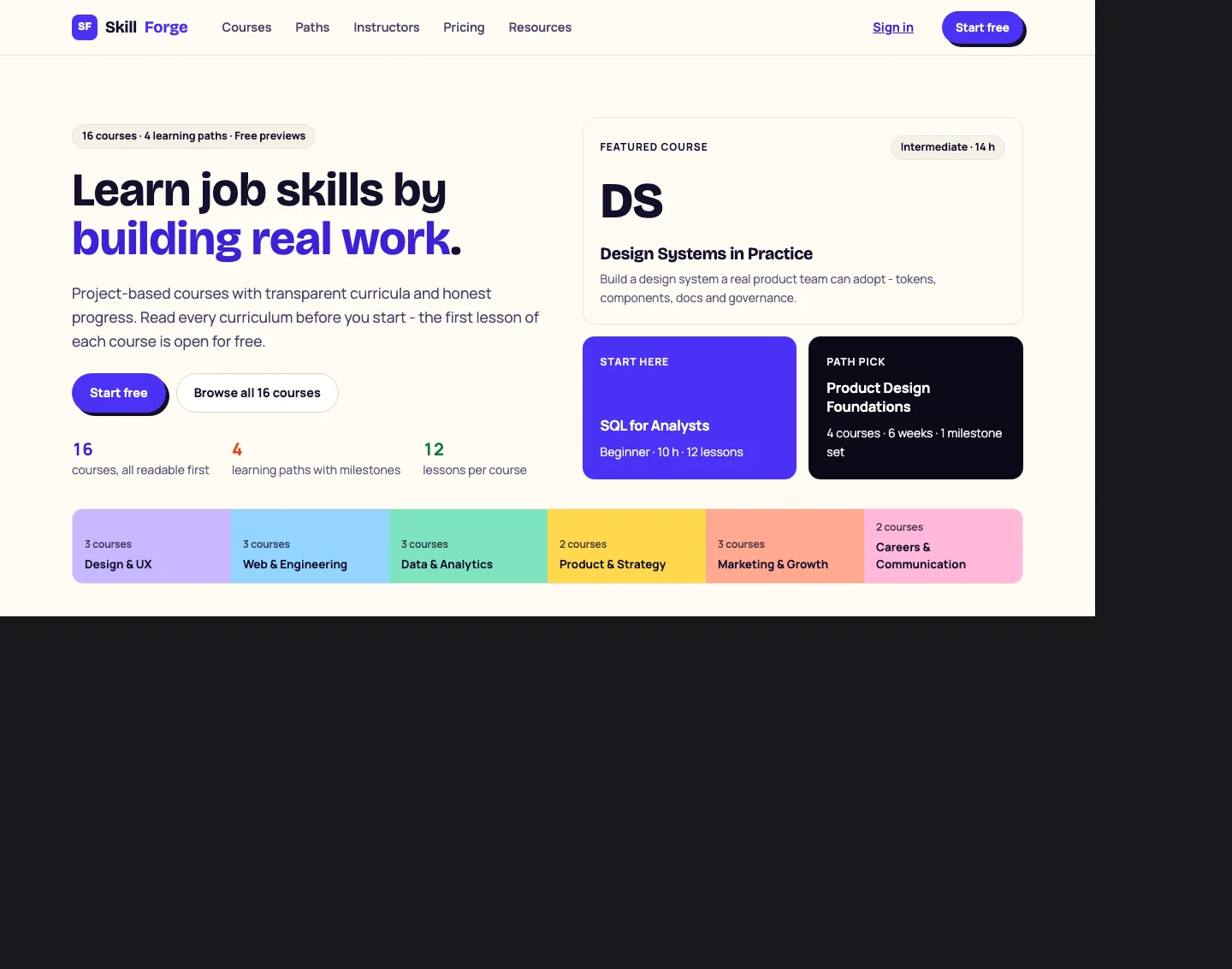 SkillForge learning platform with course catalog and progress tracking