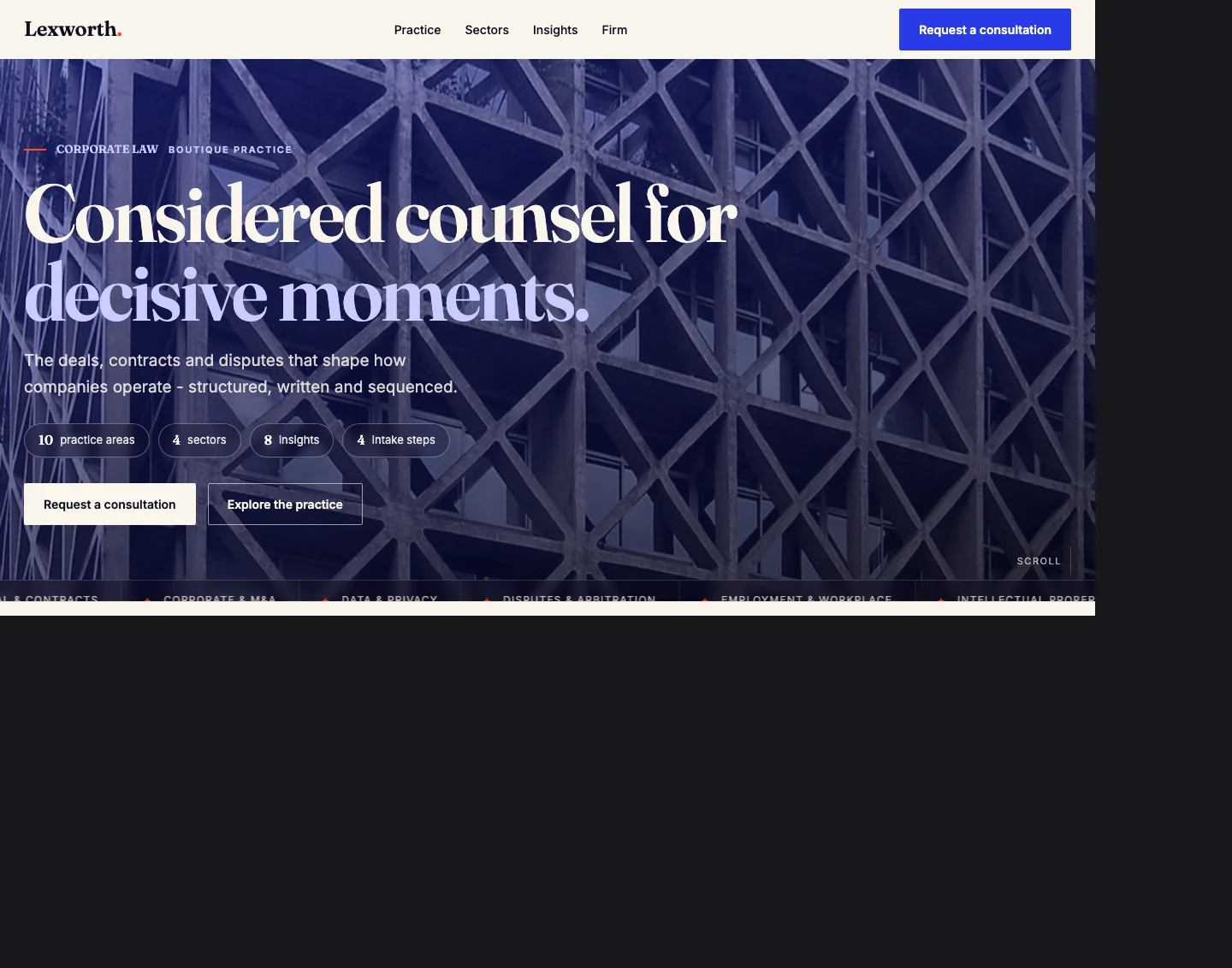 Lexworth legal professional services website with practice areas