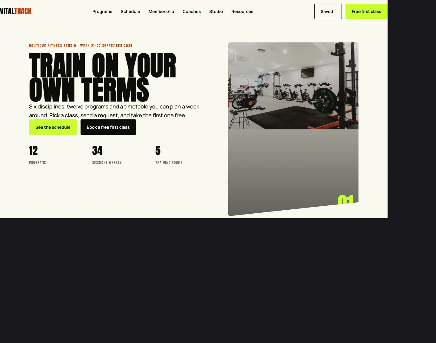 VitalTrack fitness studio website with class schedule and memberships