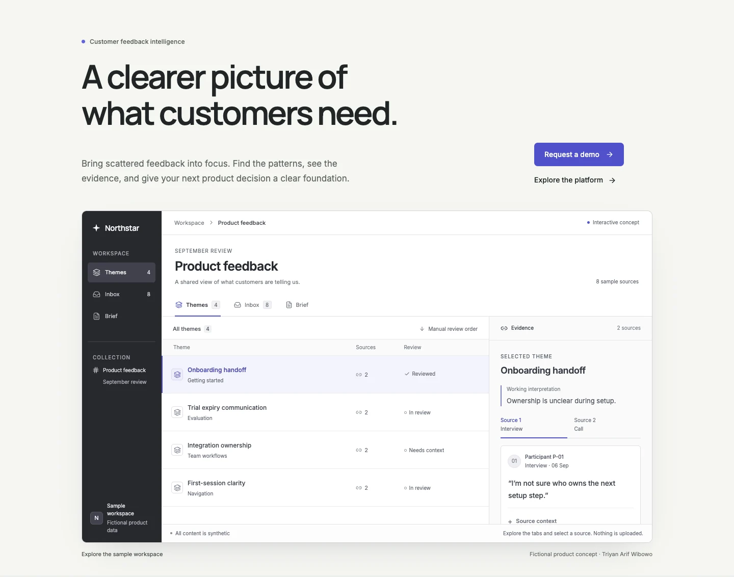 Northstar AI website: customer feedback intelligence, with a working product interface